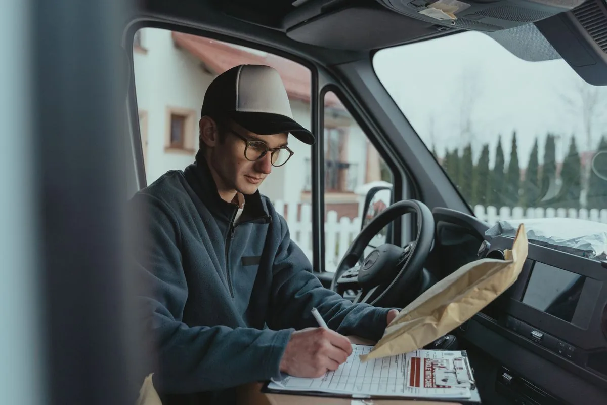 Motorista preenchendo comprovante de entrega em papel dentro da van — o canhoto que some antes de chegar ao financeiro