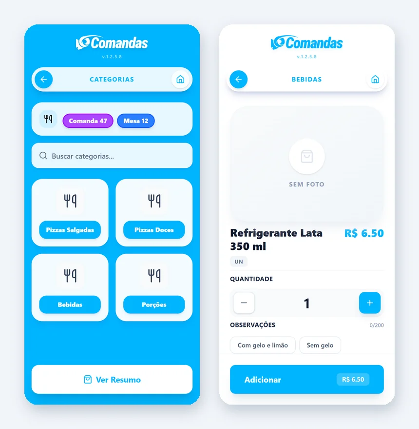 Telas do RAMComandas: categorias do cardápio com comanda e mesa no topo, e produto com observações prontas de um toque